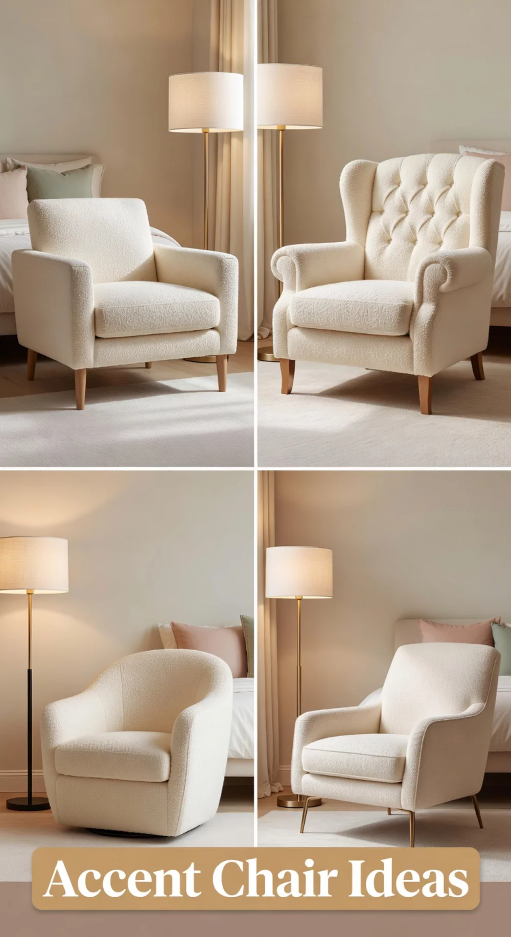 Bedroom Accent Chair in Ivory Boucle Beside a Tall Floor Lamp
