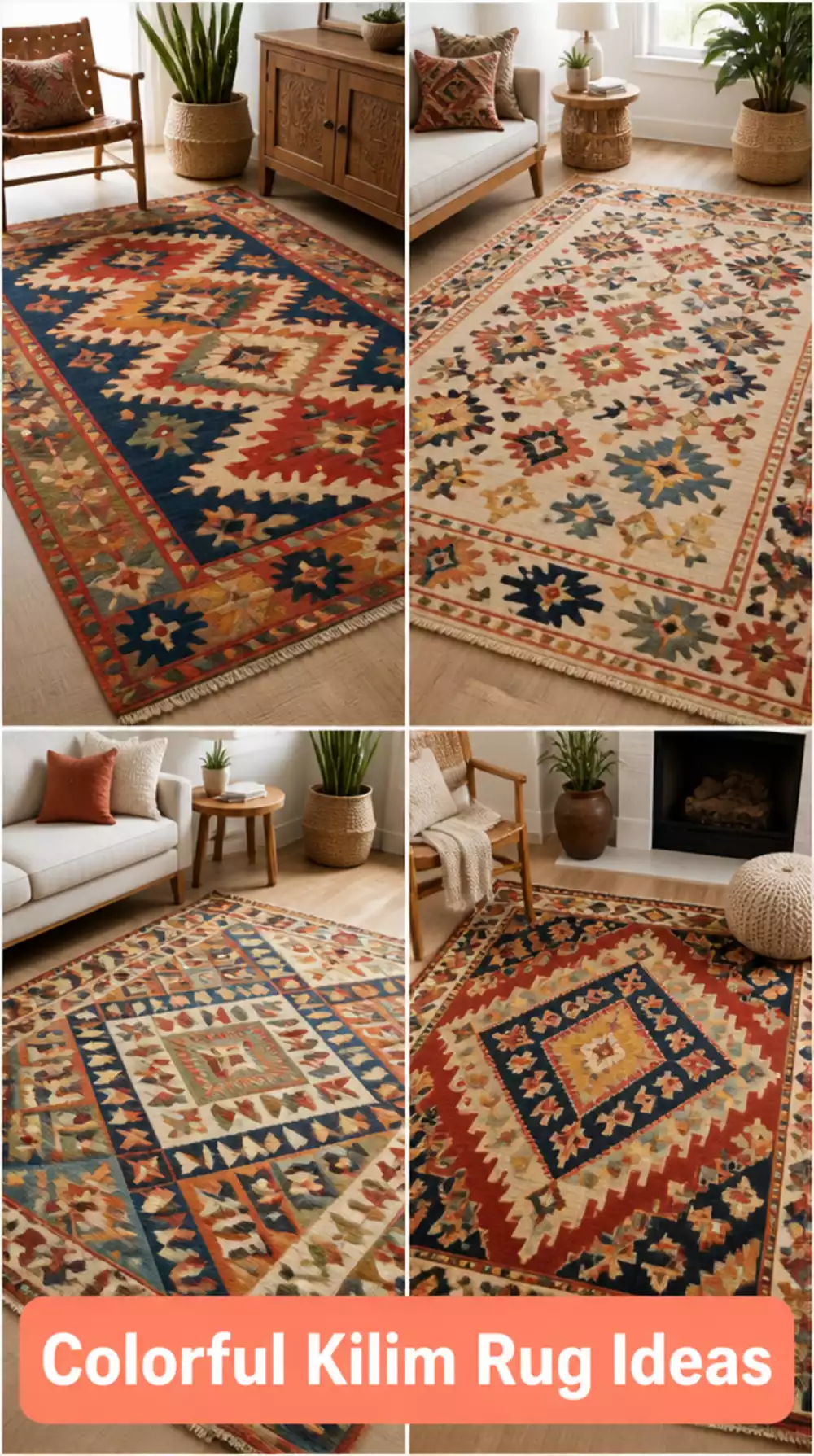 Bedroom Patterned Kilim Rug That Adds Color to a Neutral Room