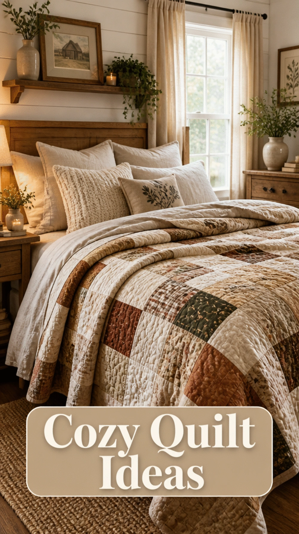 Farmhouse Bedroom Patchwork Quilt in Warm Muted Tones Layered Over Linen