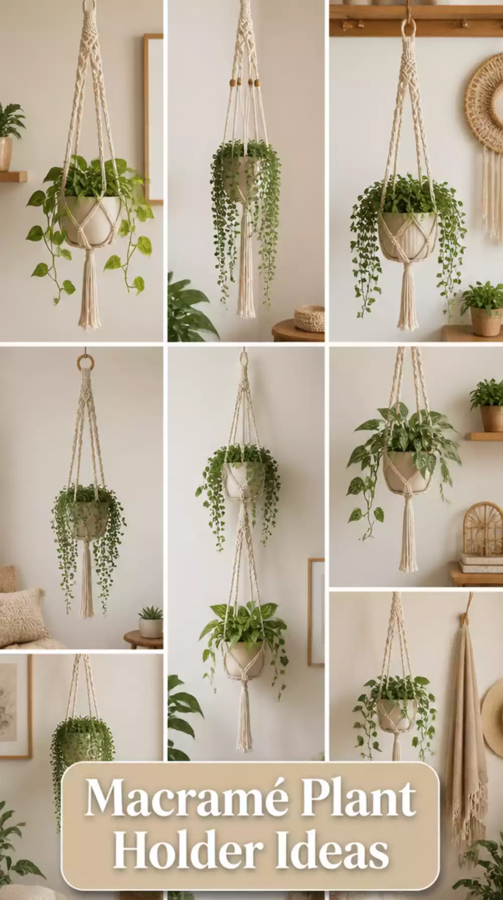 Bedroom Hanging Macramé Plant Holder at Different Heights on One Wall