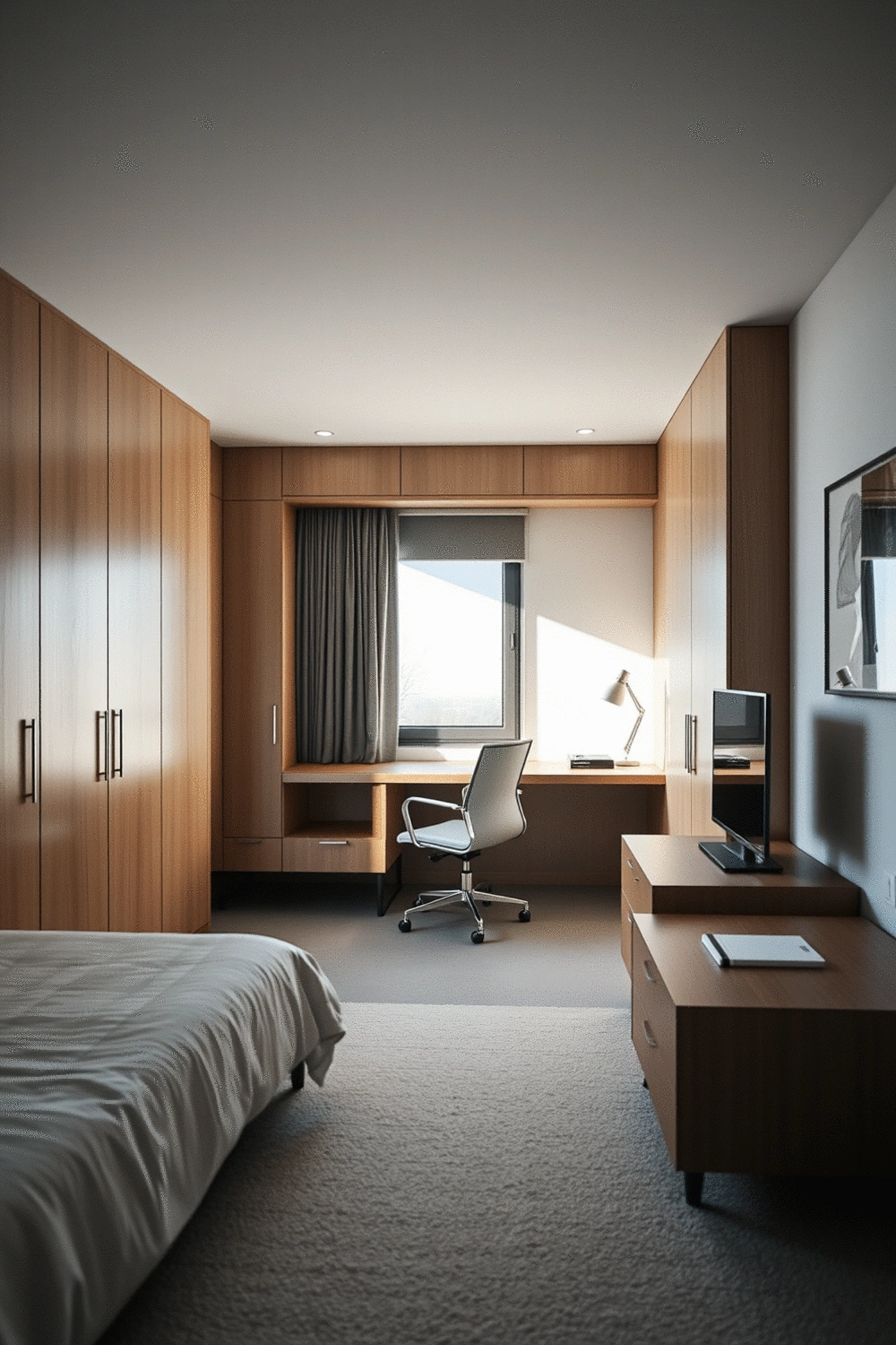 Modern bedroom with a cleverly designed Murphy bed folded up, revealing a minimalist workspace with a sleek desk and a comfortable chair, bathed in soft natural light.