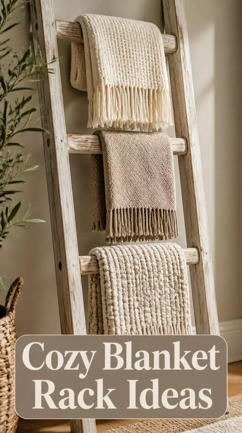Bedroom Ladder Blanket Rack in Whitewashed Wood for a Cozy Corner