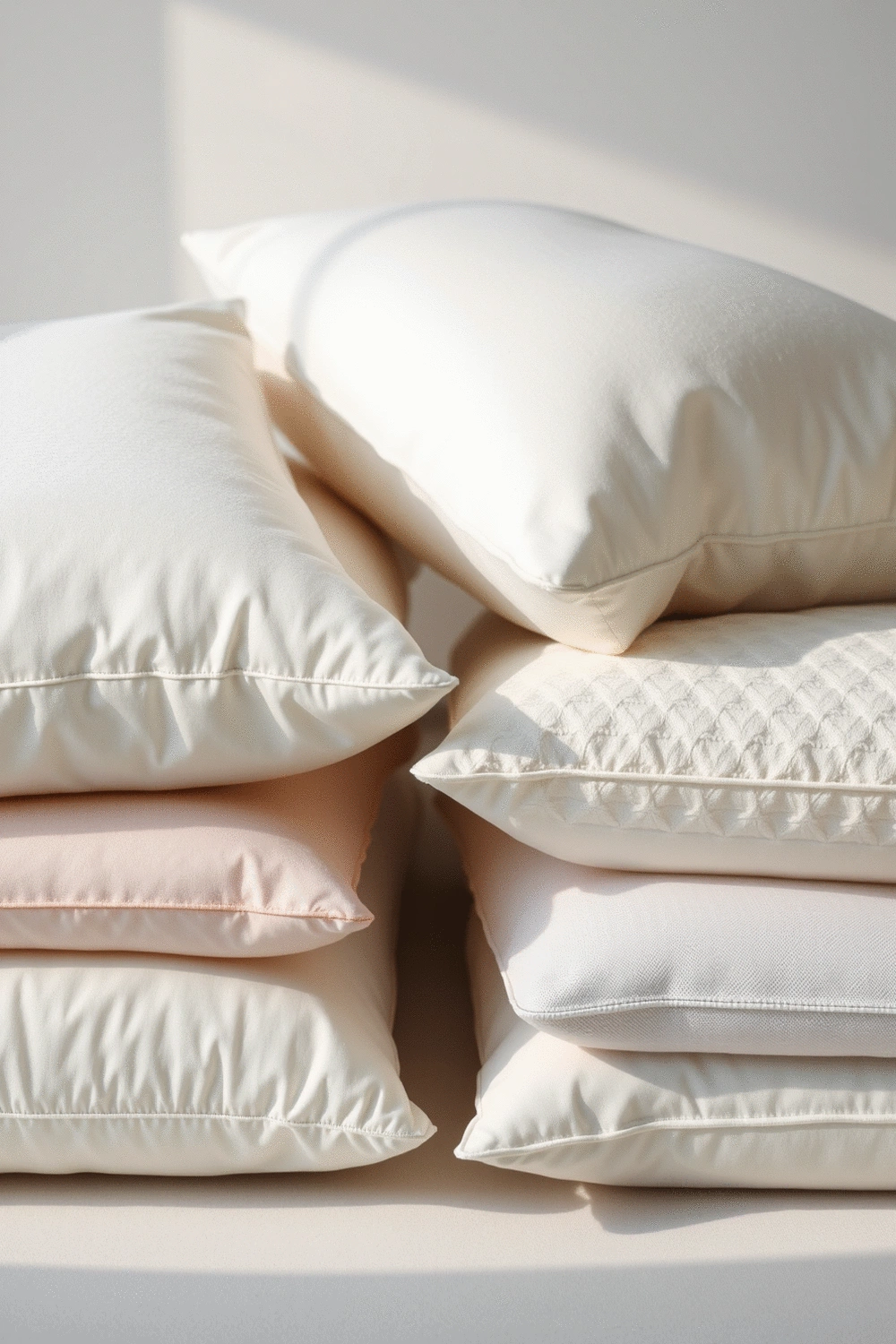 A variety of pillow materials such as memory foam, latex, and feathers, displayed neatly in separate sections