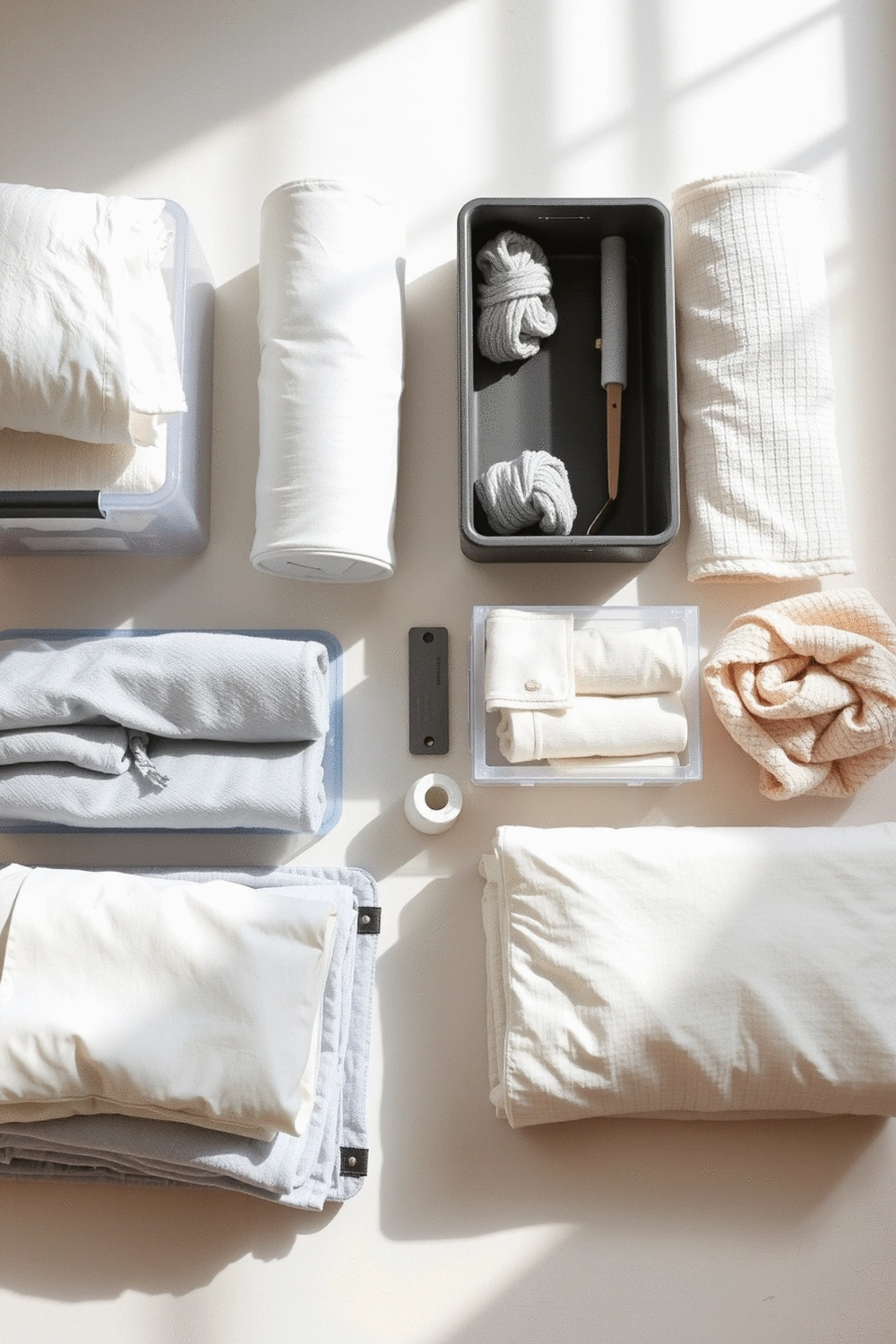 Stylized flat-lay of bedroom organization tools like clear storage bins, drawer dividers, and folded linens on a clean surface.