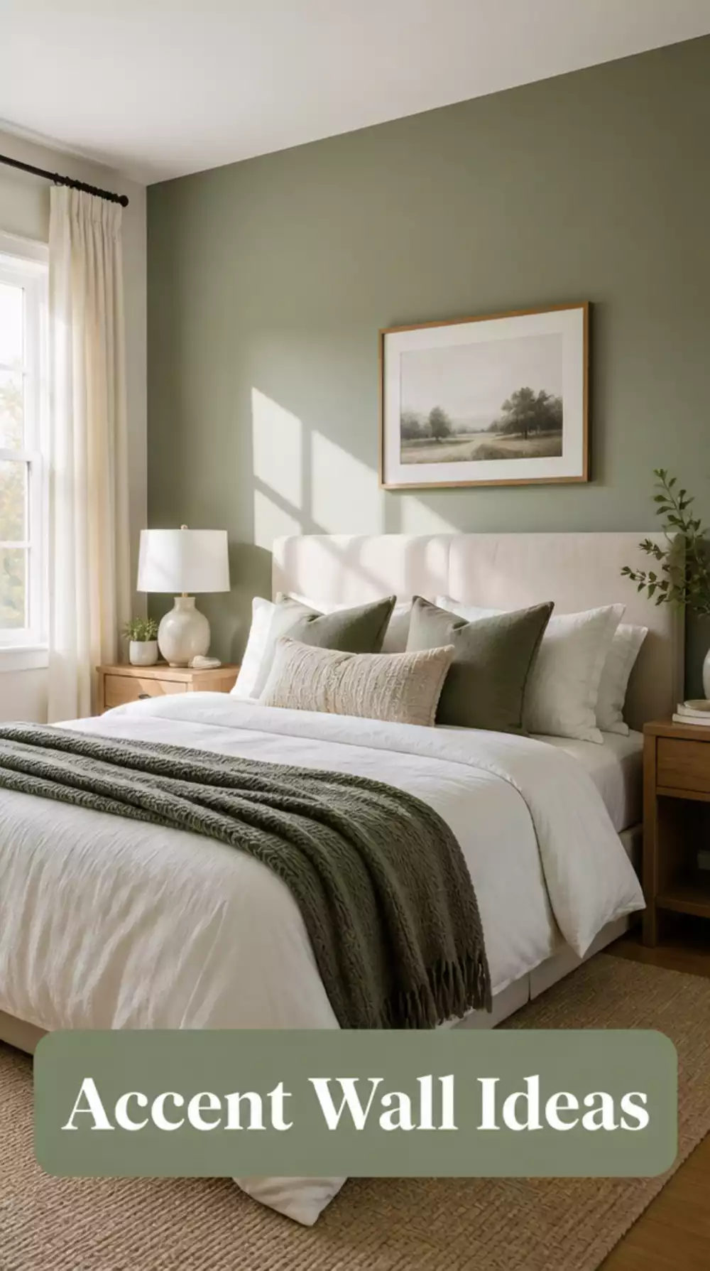 Bedroom Accent Wall in Warm Sage Green Paint Behind the Bed