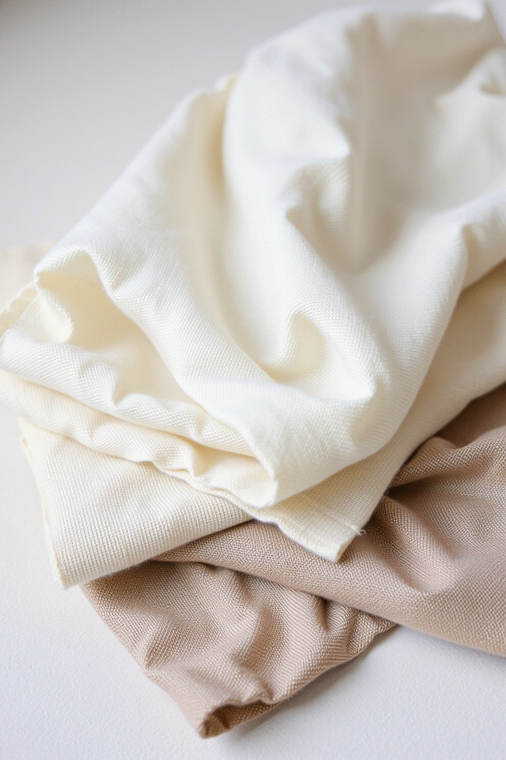 A close-up of various fabric swatches, including linen, cotton, flannel, and wool, neatly arranged to showcase different textures and seasonal uses.