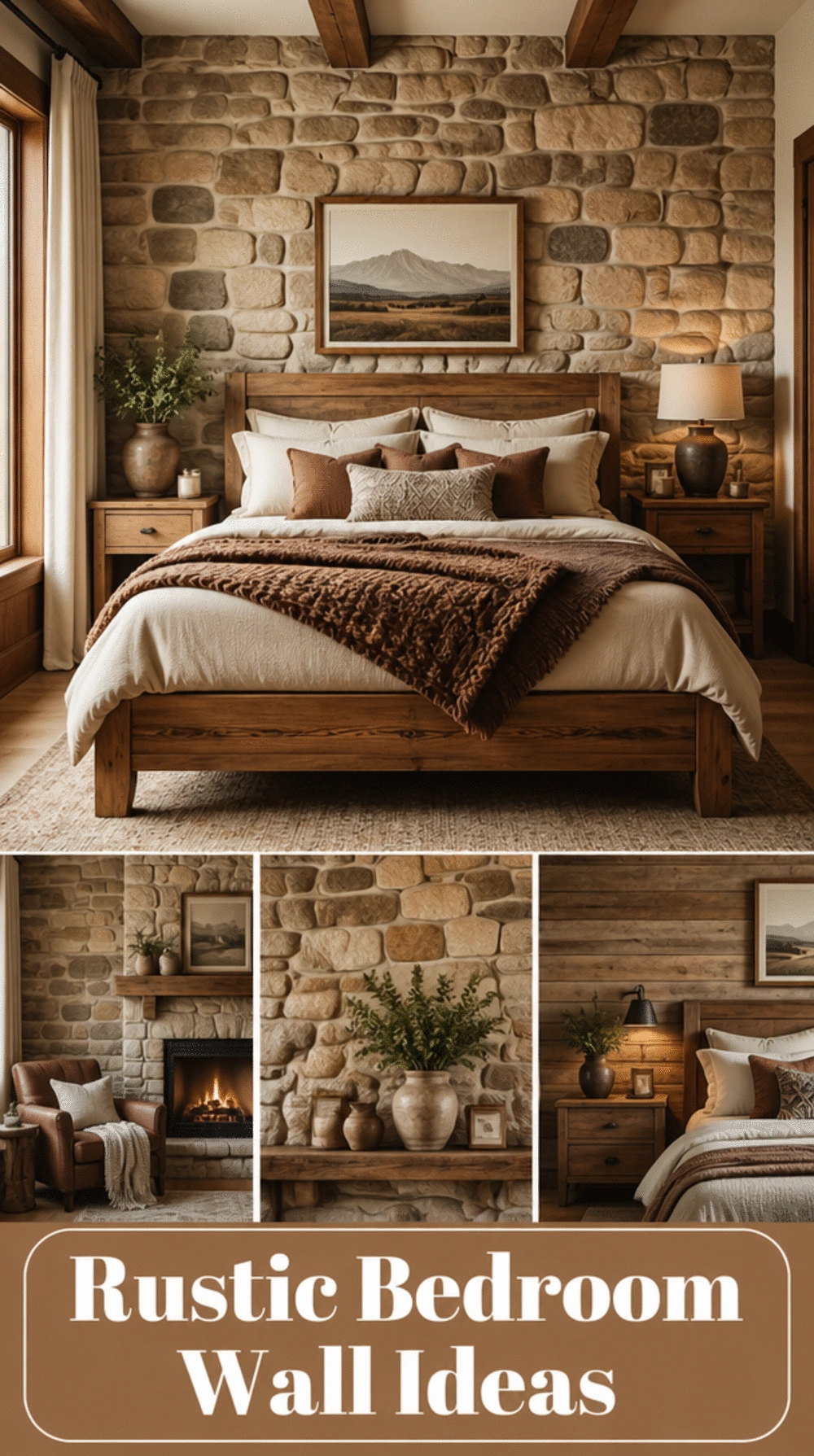 Rustic Bedroom Stone or Brick Feature Wall Behind the Bed