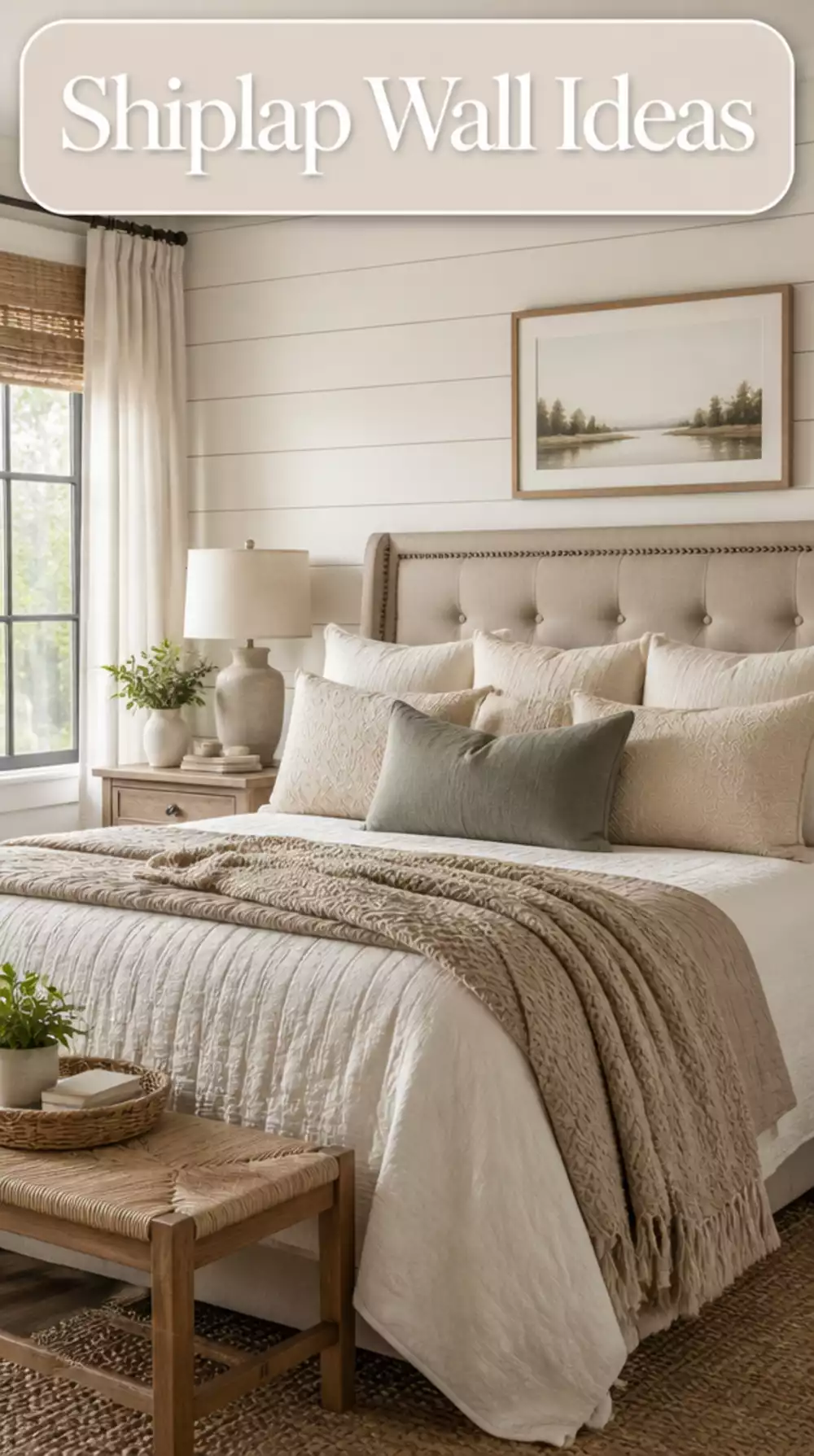 Warm White Shiplap Wall Behind Upholstered Headboard