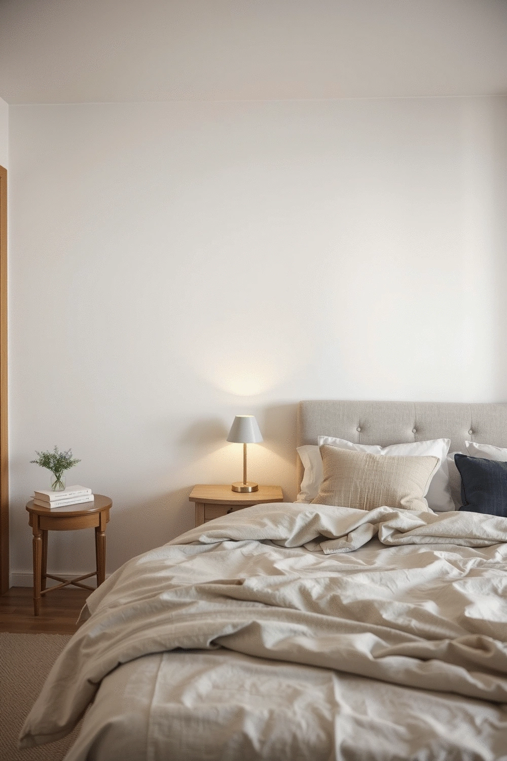 A serene bedroom interior with soft lighting, natural textures, and a neatly made bed, emphasizing a personalized and peaceful sleep environment.