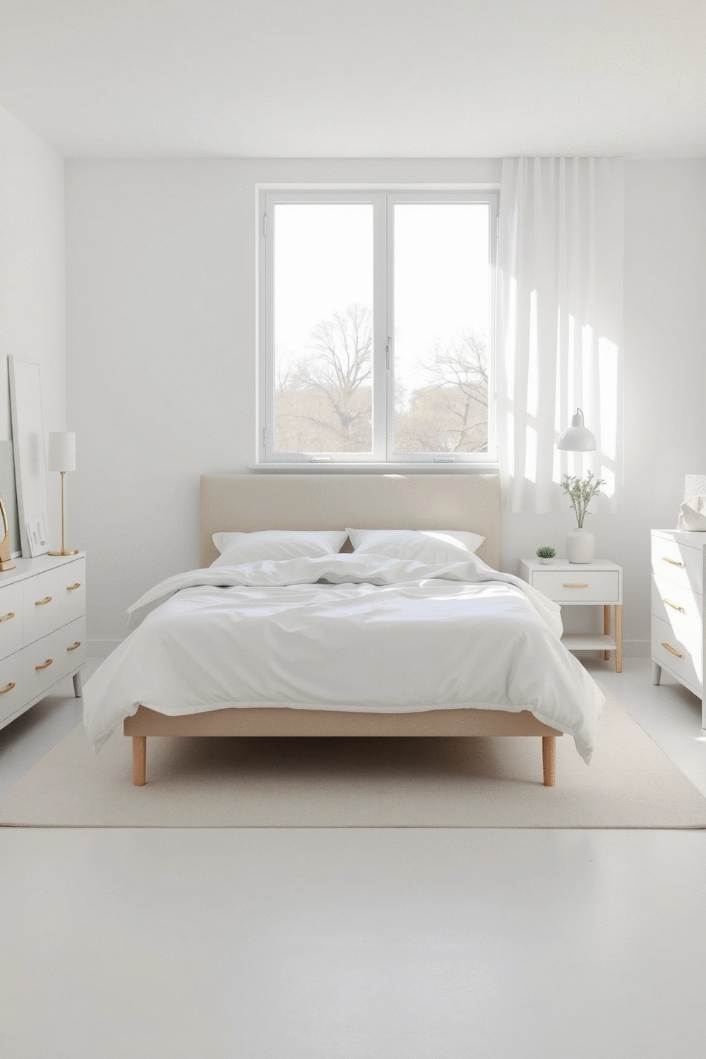 A minimalist, organized bedroom with a neatly made bed and clear surfaces, promoting a sense of calm and order.