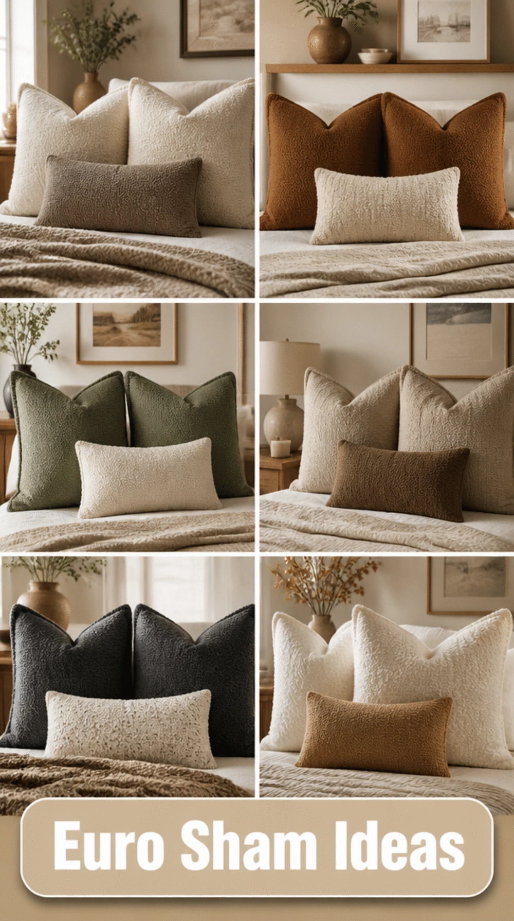 Bedroom Euro Sham in Warm Boucle That Creates Depth Behind Sleeping Pillows