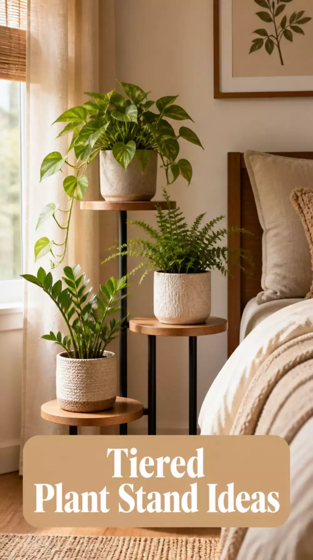 Bedroom Tiered Plant Stand That Holds Three Pots in a Corner Space