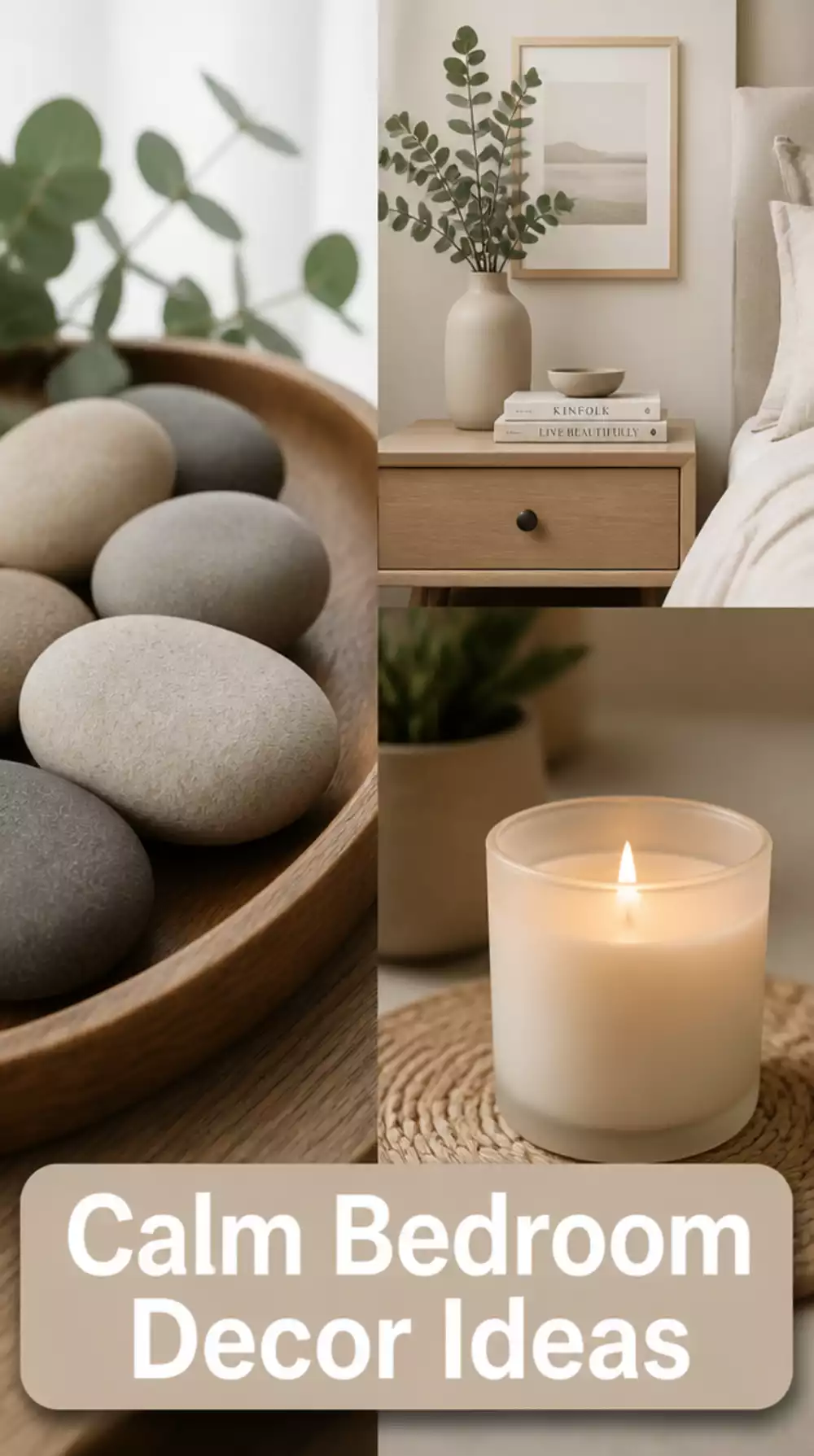 Bedroom Smooth River Stone Cluster on a Wooden Tray for Calm Bedside Styling