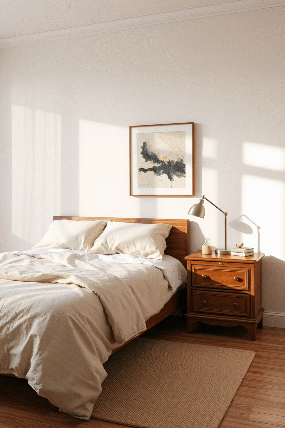 Stylized bedroom interior blending vintage and modern elements, featuring a comfortable bed with neutral bedding, a vintage wooden nightstand with a subtle lamp, and a modern abstract art piece on the wall.