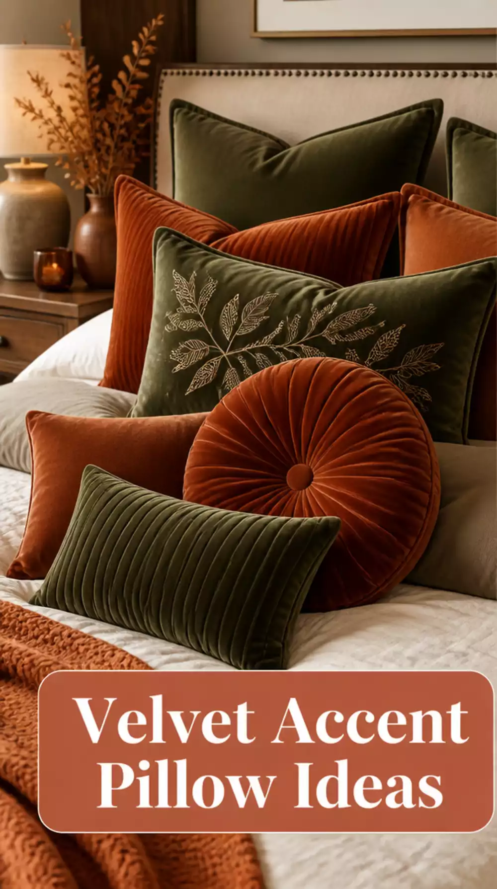 Bedroom Velvet Accent Pillow in Warm Rust or Deep Sage Tone