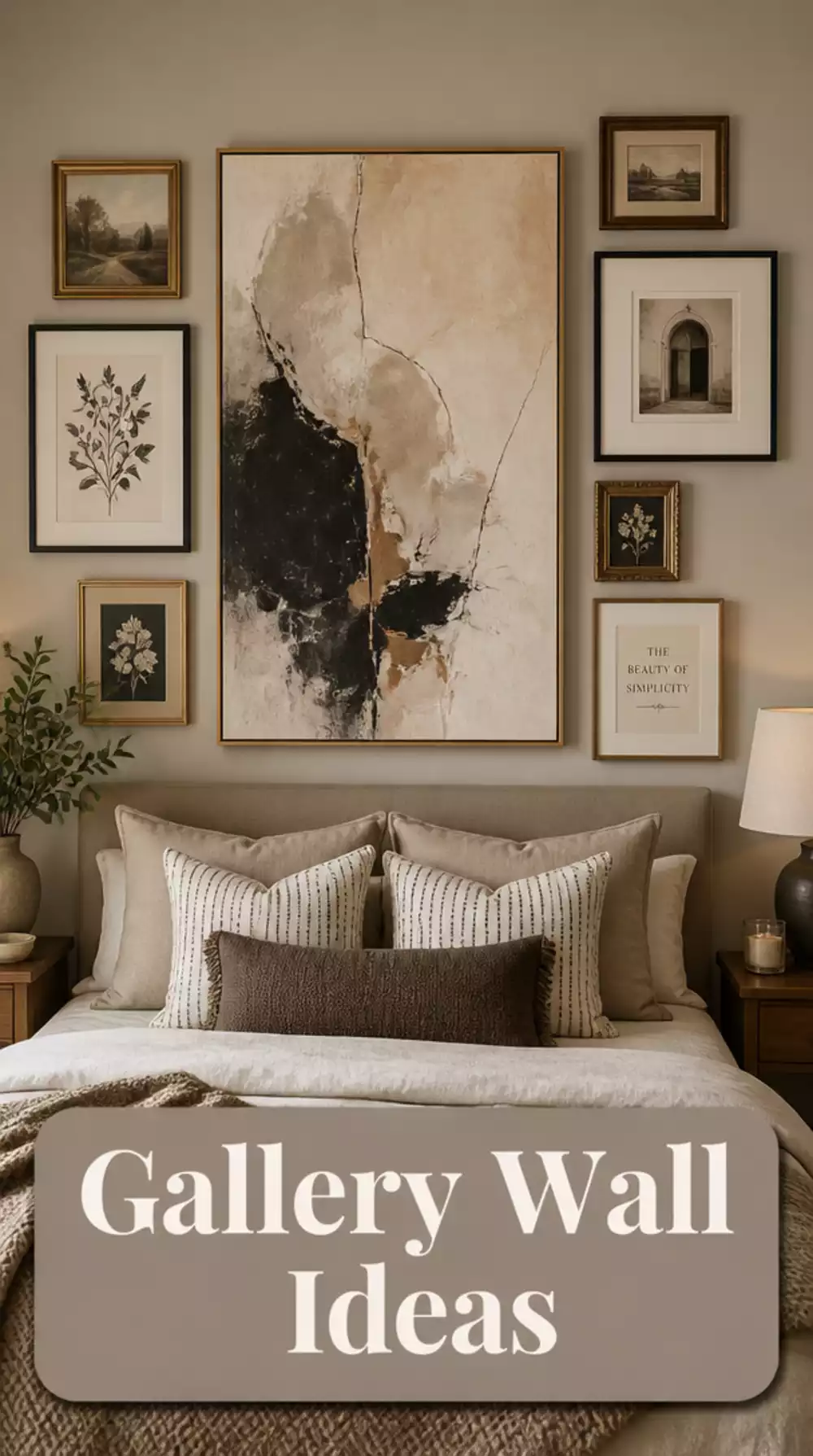Bedroom Gallery Wall with One Oversized Anchor Print and Smaller Frames Around It