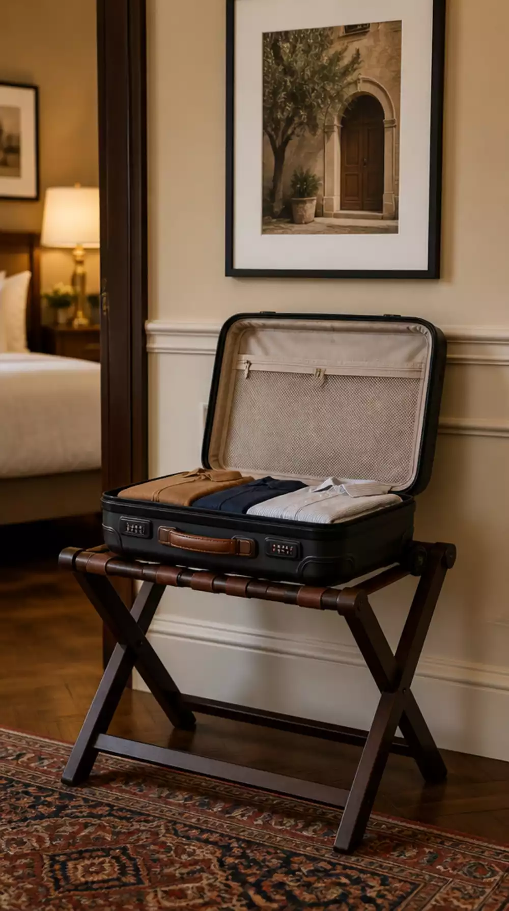 Guest Bedroom Luggage Rack That Keeps a Suitcase Off the Floor and Accessible