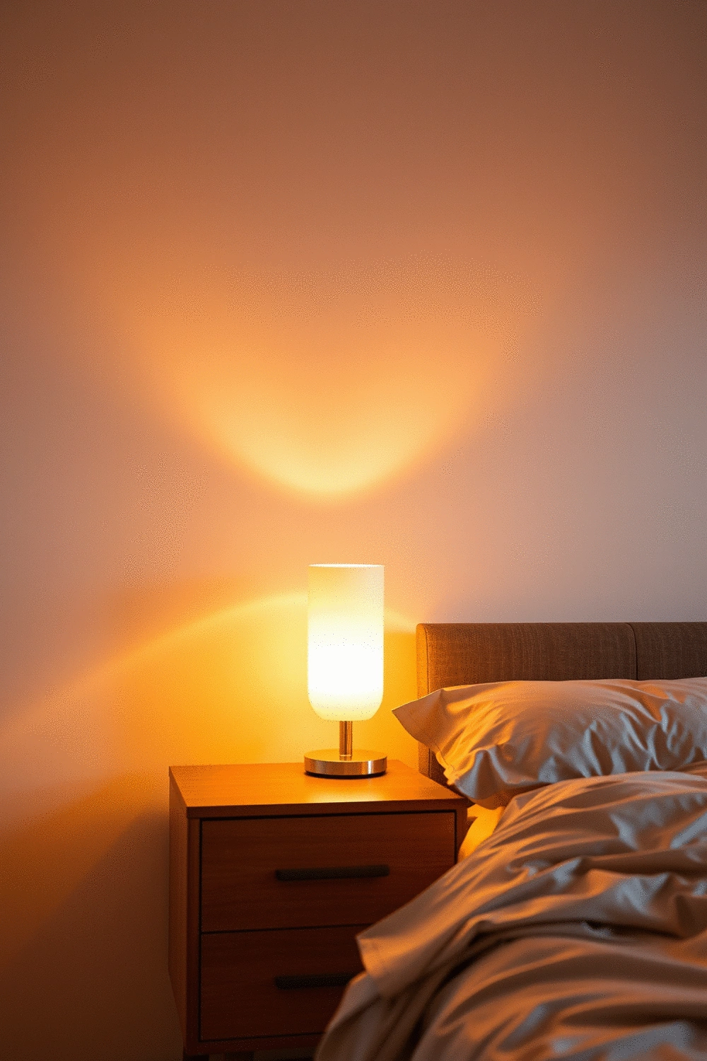 Bedroom interior with warm, dimmable ambient lighting from a bedside lamp, creating a cozy and relaxing atmosphere. Soft focus on light source.