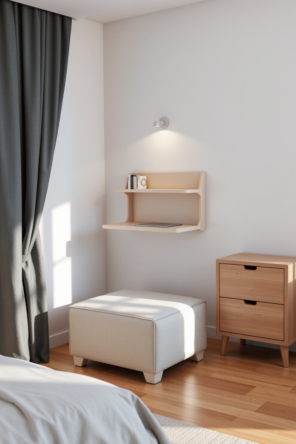 Multi-functional furniture items in a small bedroom, including a storage ottoman, a wall-mounted desk, and a compact dresser