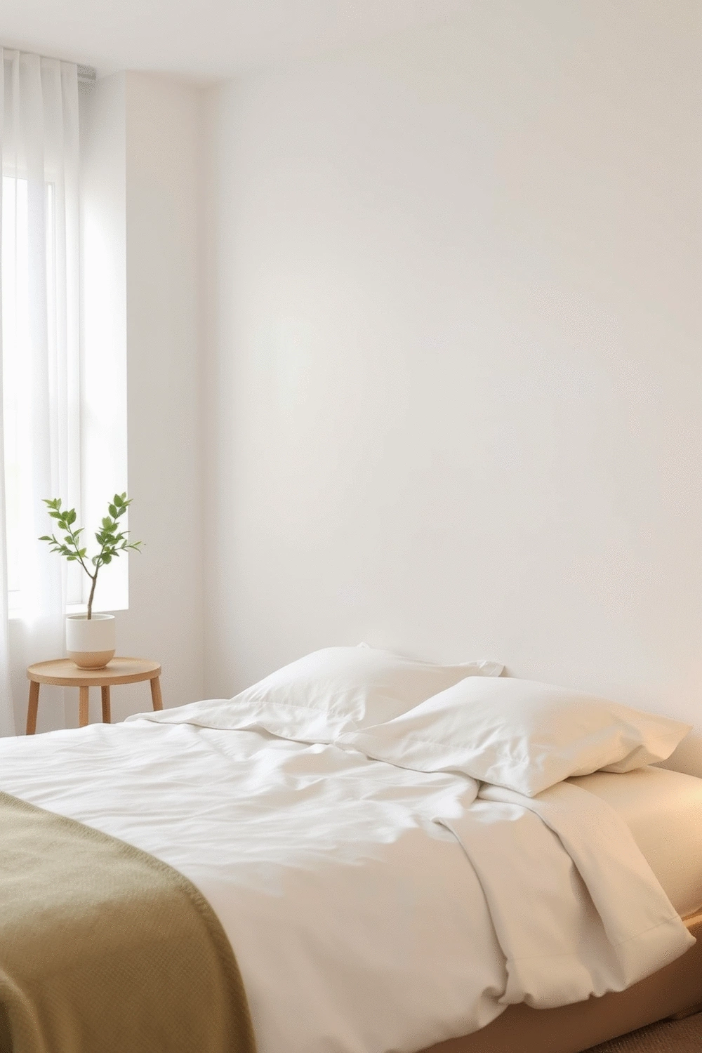 A minimalist bedroom with a neatly made bed and soft lighting, showcasing Feng Shui principles of clear space and natural elements.
