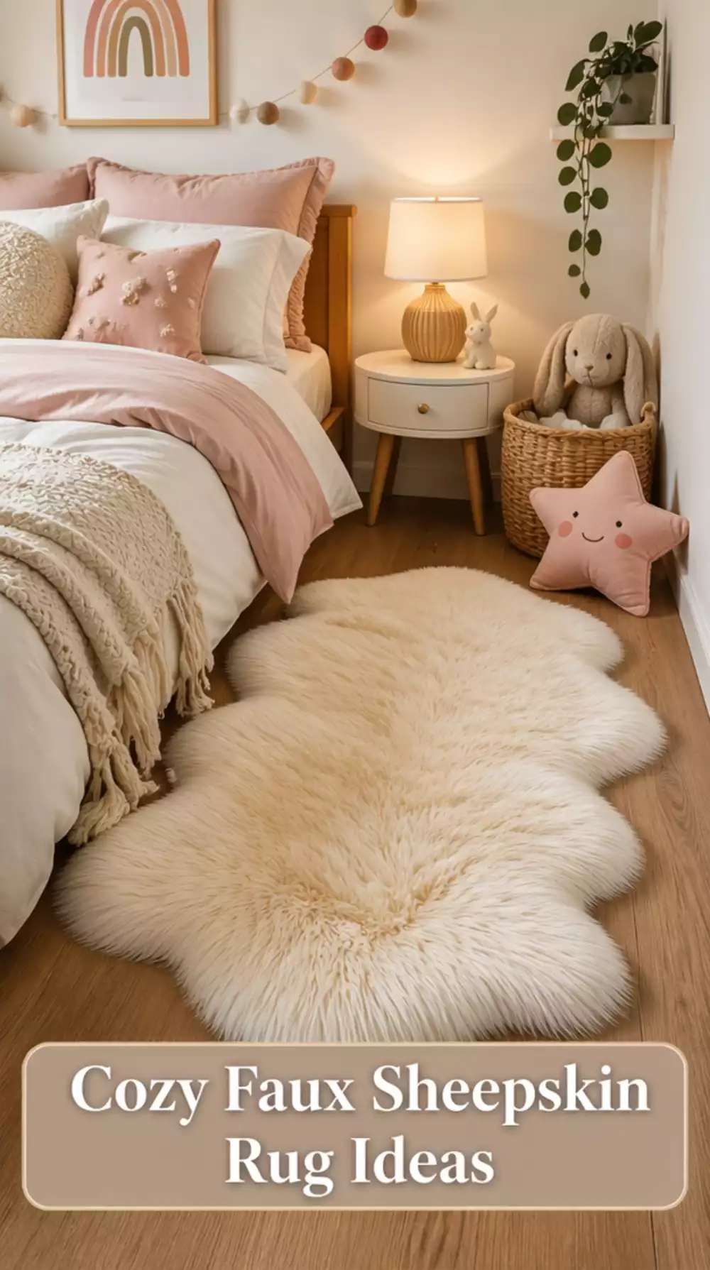 Bedroom High-Pile Faux Sheepskin Rug Placed Beside the Bed as a Landing Pad