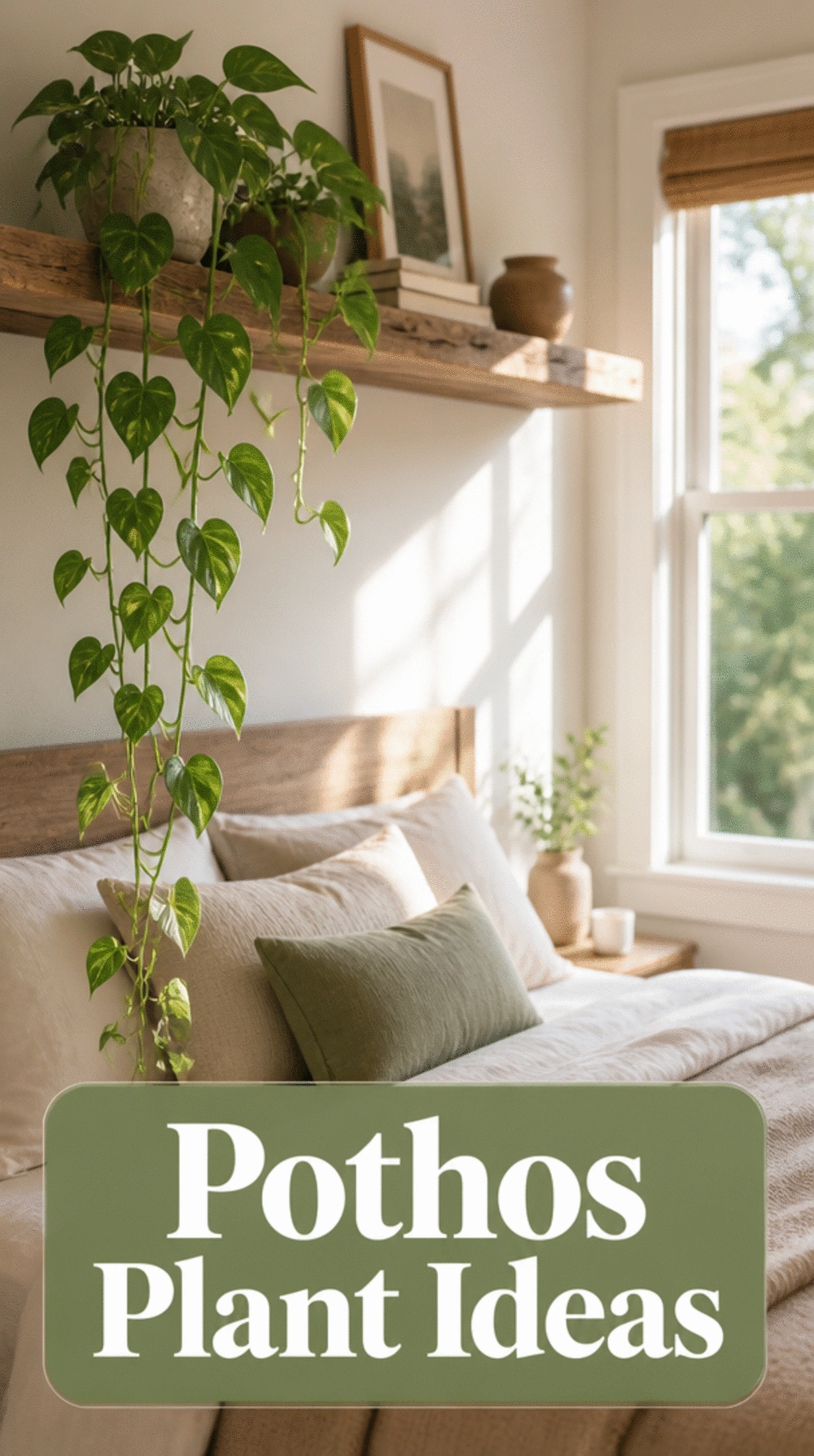 Bedroom Pothos Plant on a High Shelf That Trails Down the Wall