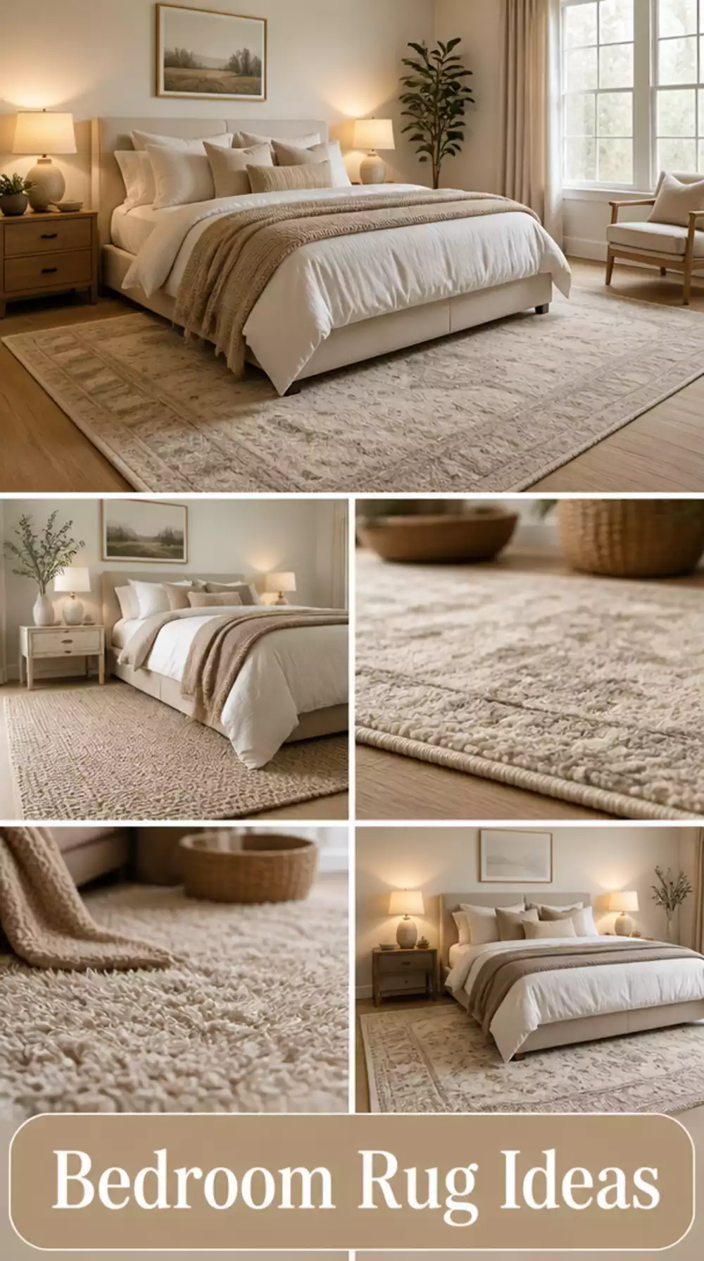 Bedroom Area Rug Placed Under the Lower Two Thirds of the Bed