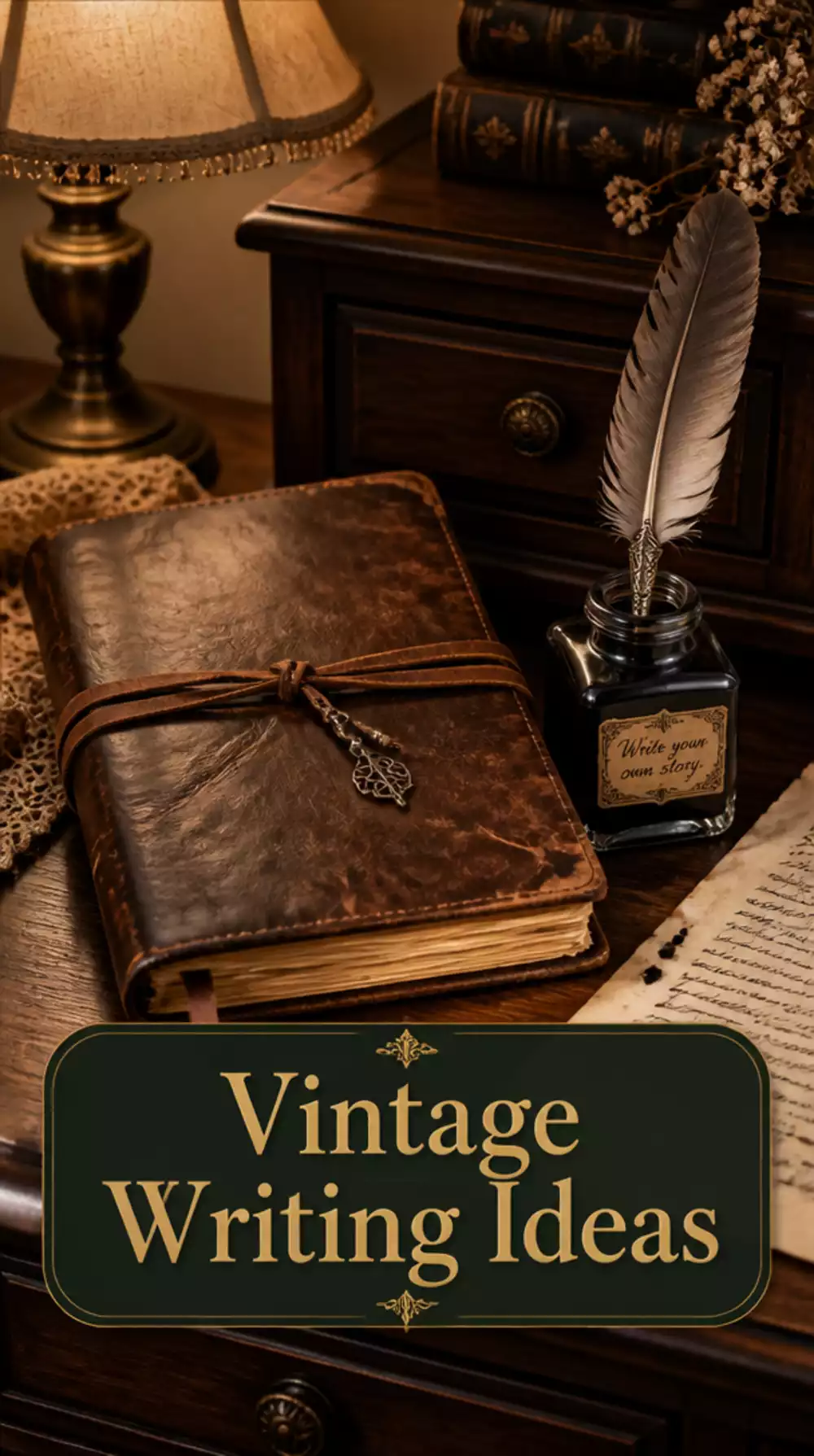Bedroom Aged Leather Journal and Inkwell Styled on a Dark Wooden Nightstand
