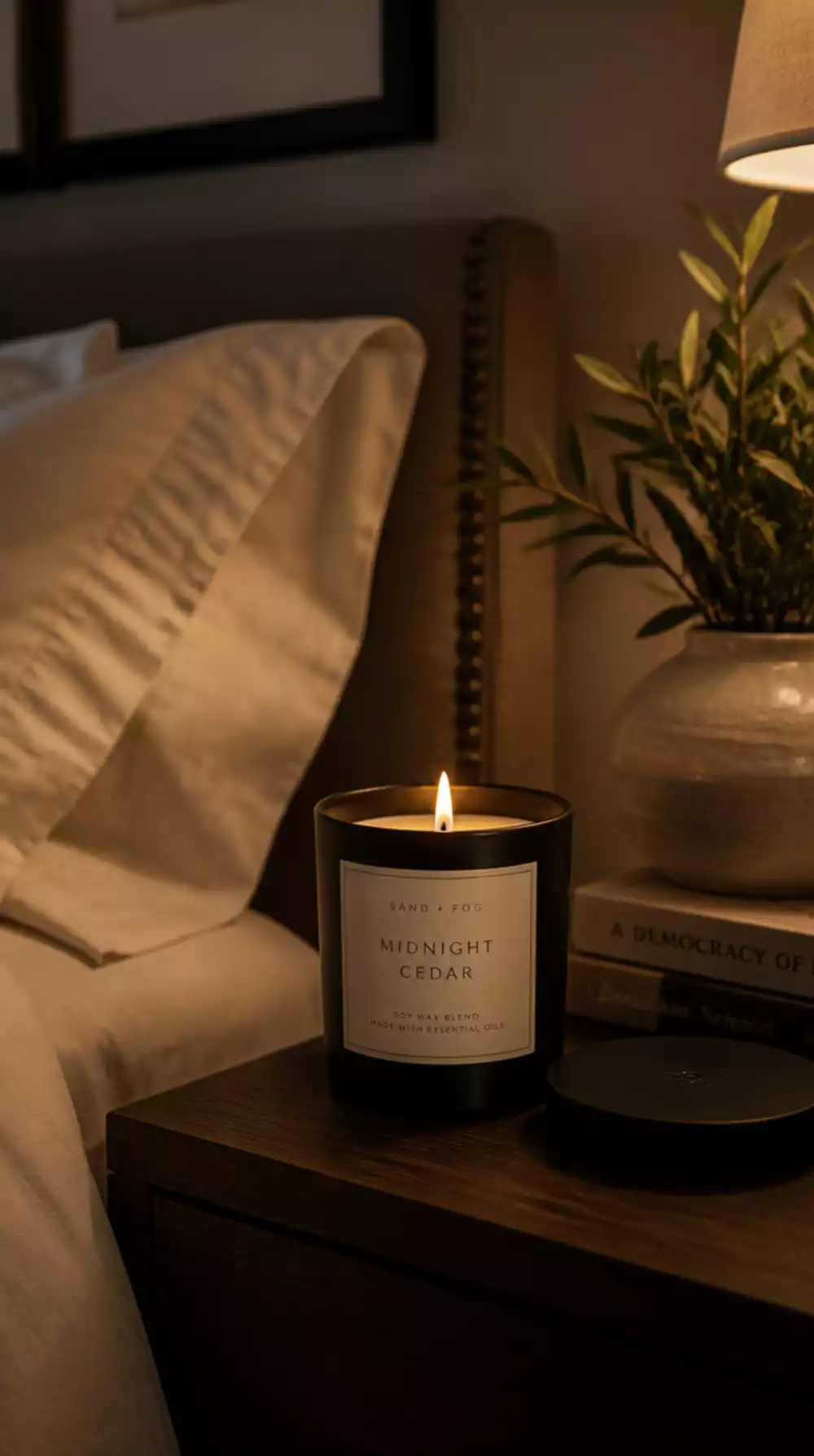 Bedroom Soy Wax Candle in a Matte Black or Cream Jar on the Nightstand
