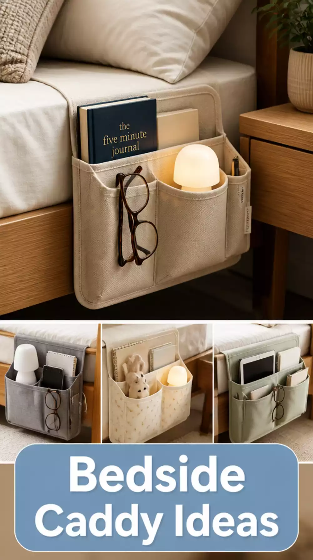 Small Bedroom Bedside Hanging Caddy That Clips Over the Mattress Edge
