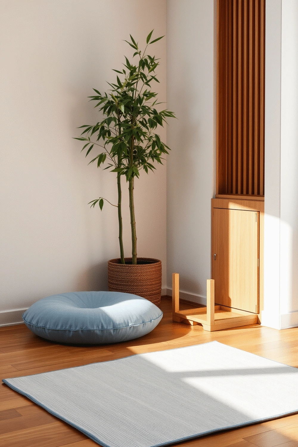 Clean and organized meditation space with a bamboo plant, a soft blue floor cushion, and a small wooden side table, no humans, no people, no hands, no body parts