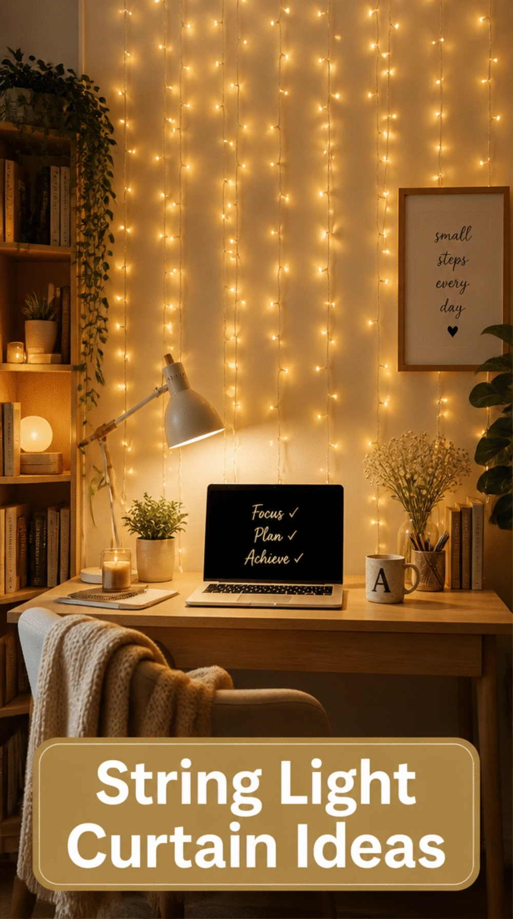 Teen Bedroom String Light Curtain Behind the Desk for a Glowing Background