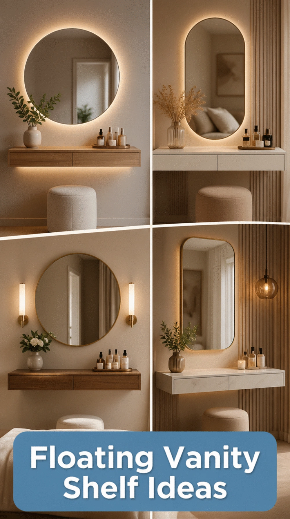 Bedroom Floating Vanity Shelf with Mirror That Saves Floor Space