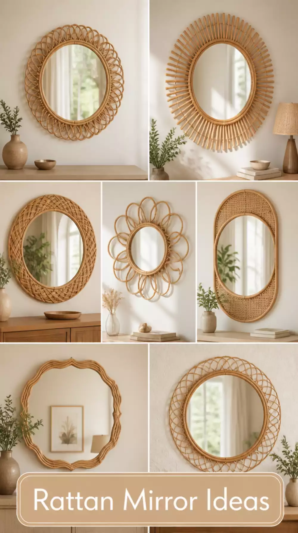 Bedroom Rattan Mirror That Adds Texture to a Neutral Wall