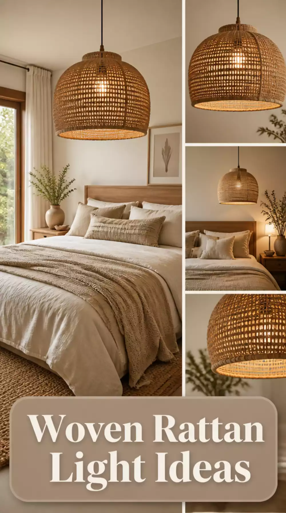 Modern Organic Bedroom Woven Rattan Pendant Light Hung Low Above the Bed