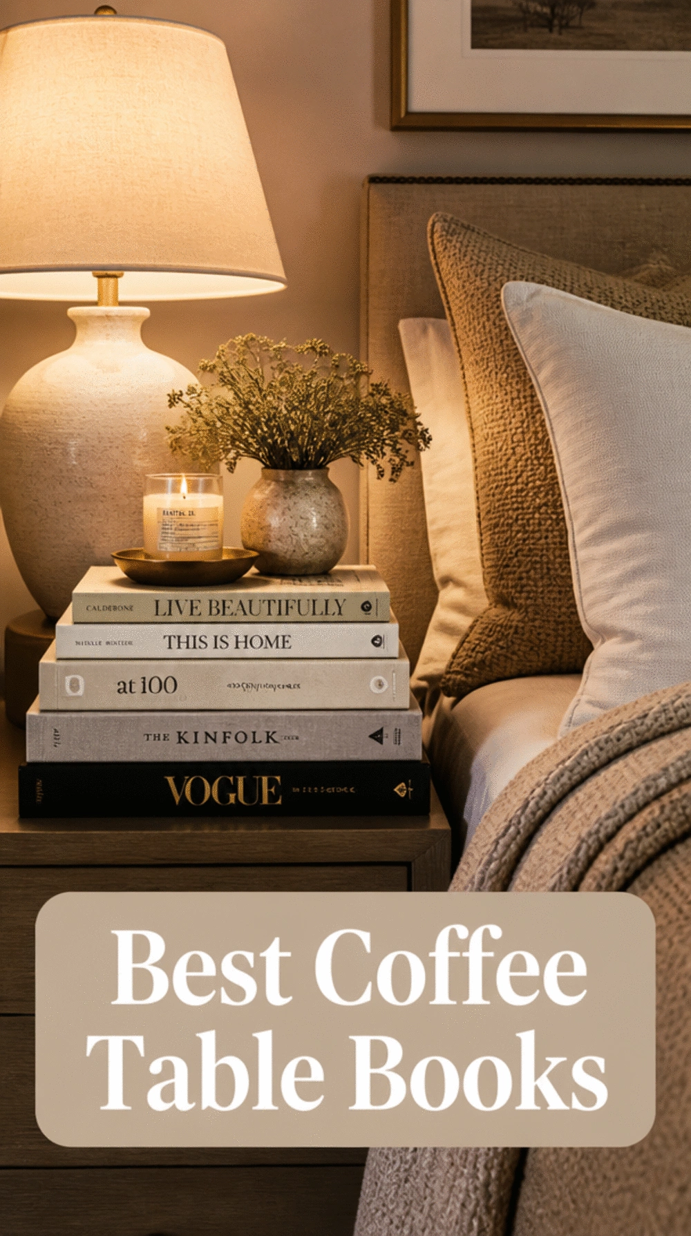 Bedroom Coffee Table Book Stack Under the Nightstand Lamp for a Styled Look