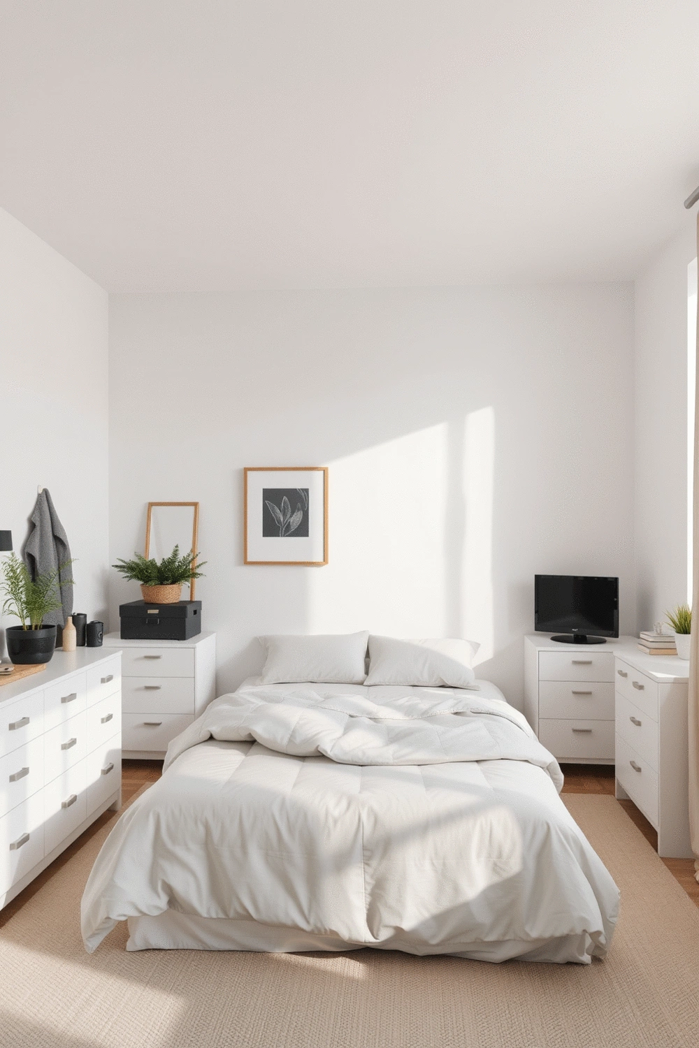 Stylishly organized bedroom with minimal clutter, neutral color palette, and soft, indirect lighting