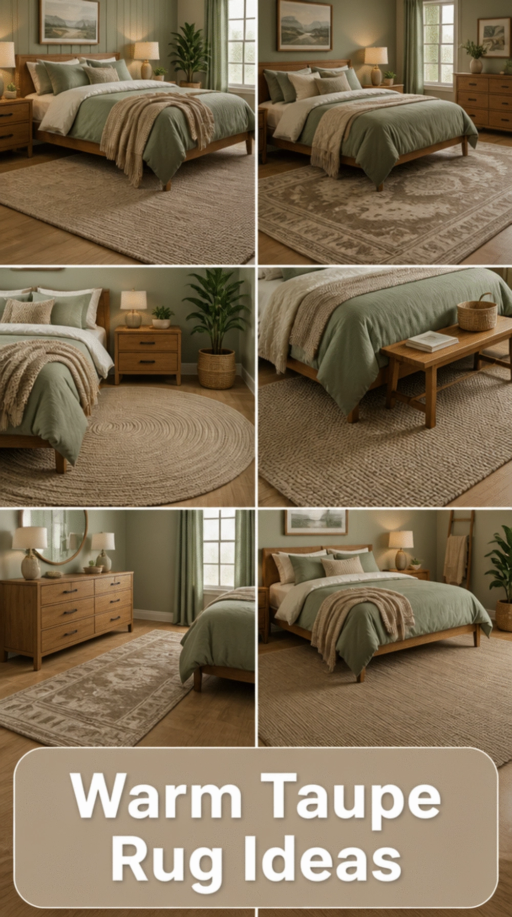 Bedroom Warm Taupe Rug That Grounds a Sage Green Color Scheme