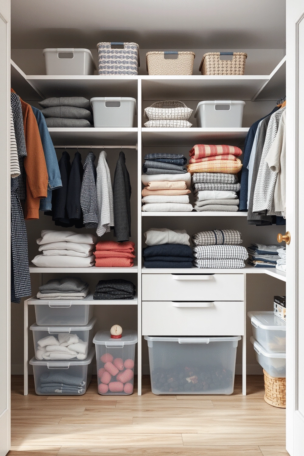 An organized closet interior with neatly folded clothes and storage boxes, showcasing effective decluttering solutions.