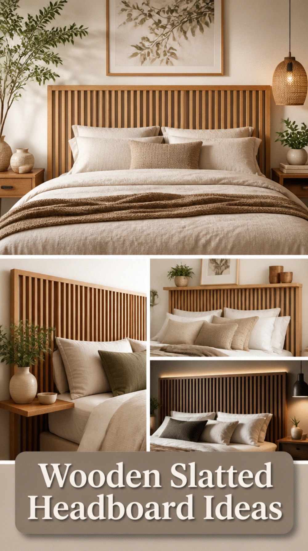 Bedroom Wooden Slatted Headboard in Warm Oak for a Modern Organic Feel