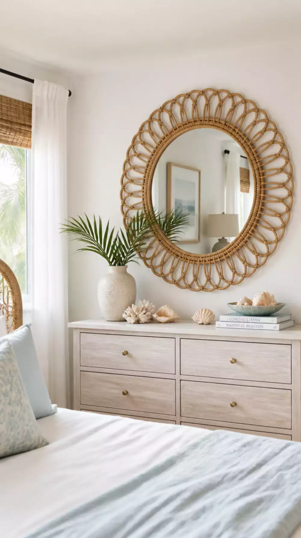 Coastal Apartment Bedroom Rattan Mirror That Needs No Renovation to Hang