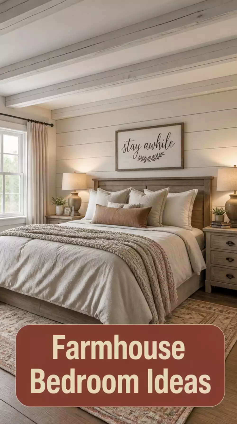 Farmhouse Shiplap Accent Wall with White Wood Beams
