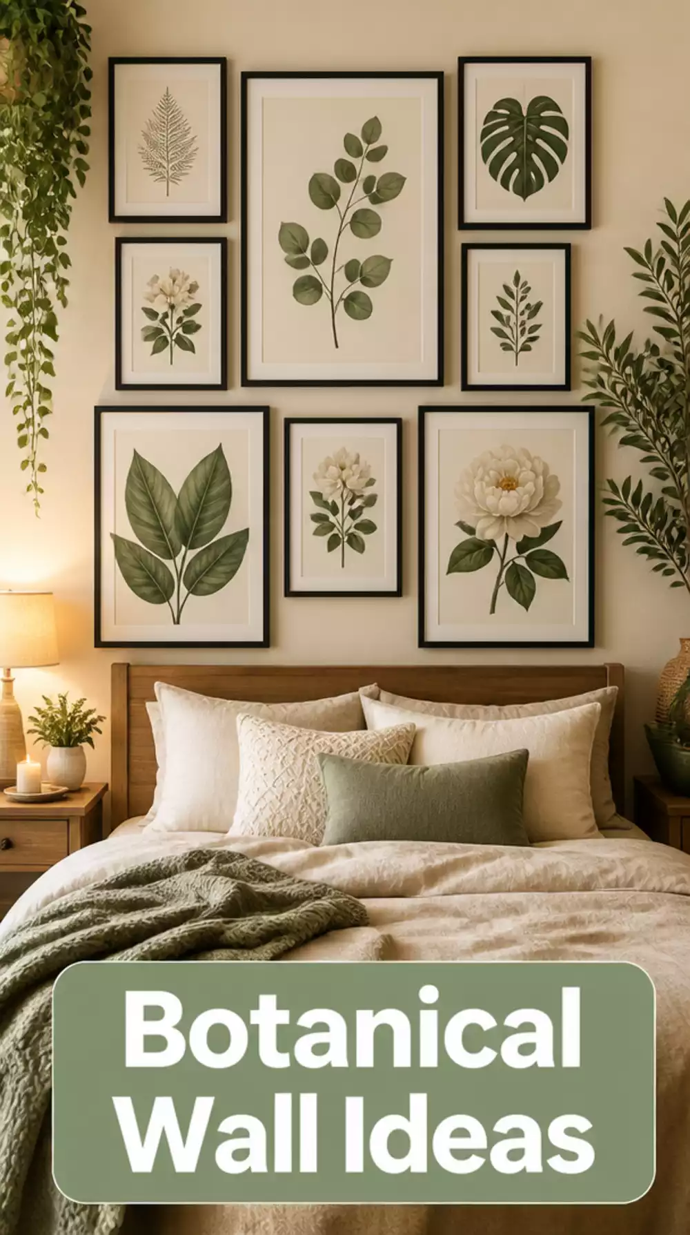 Bedroom Gallery Wall in Matching Black Frames with Mixed Botanical Prints