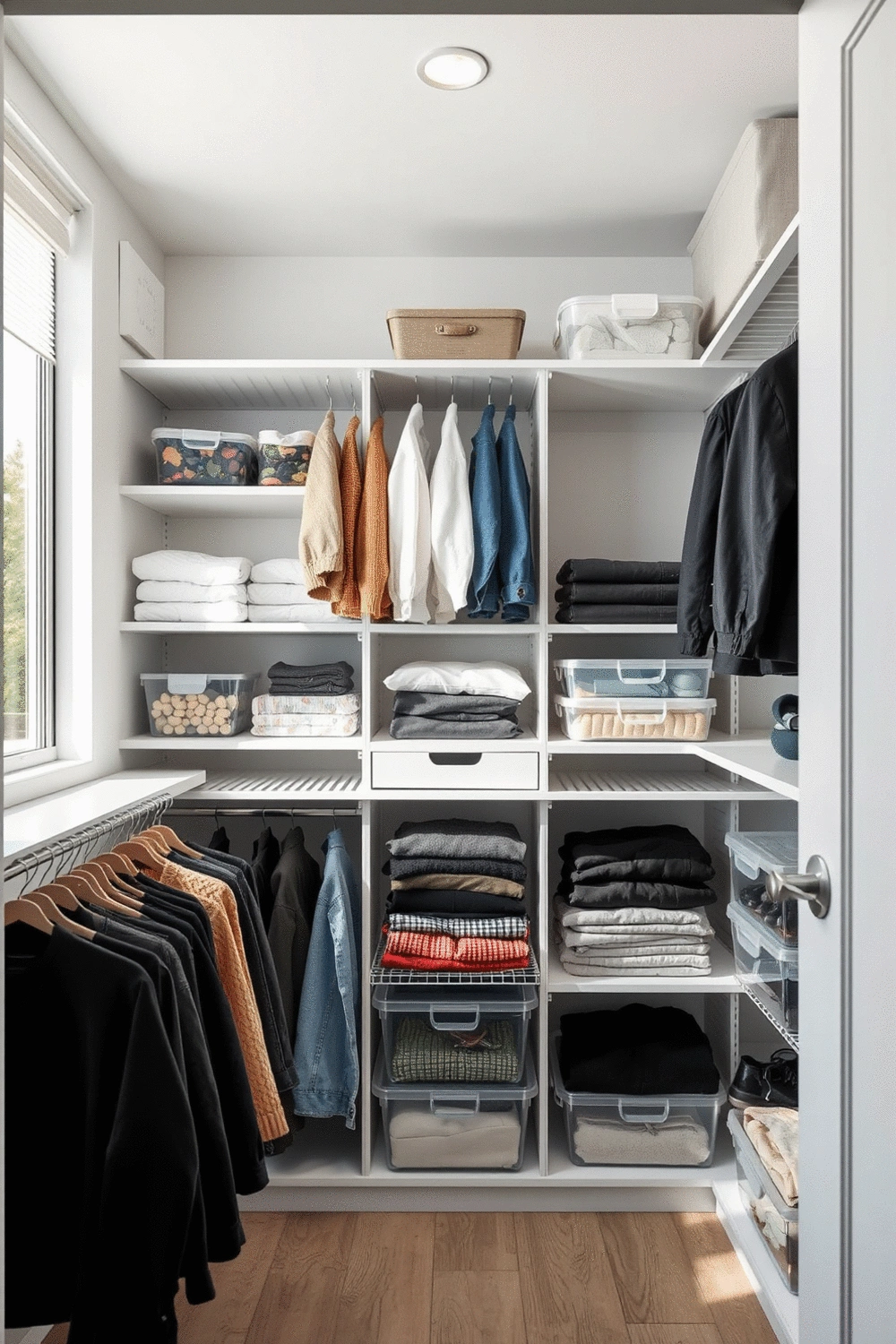 Interior shot of a neatly organized closet with various storage solutions, including shelves, hanging rods, and clear containers, showcasing folded clothes and accessories.