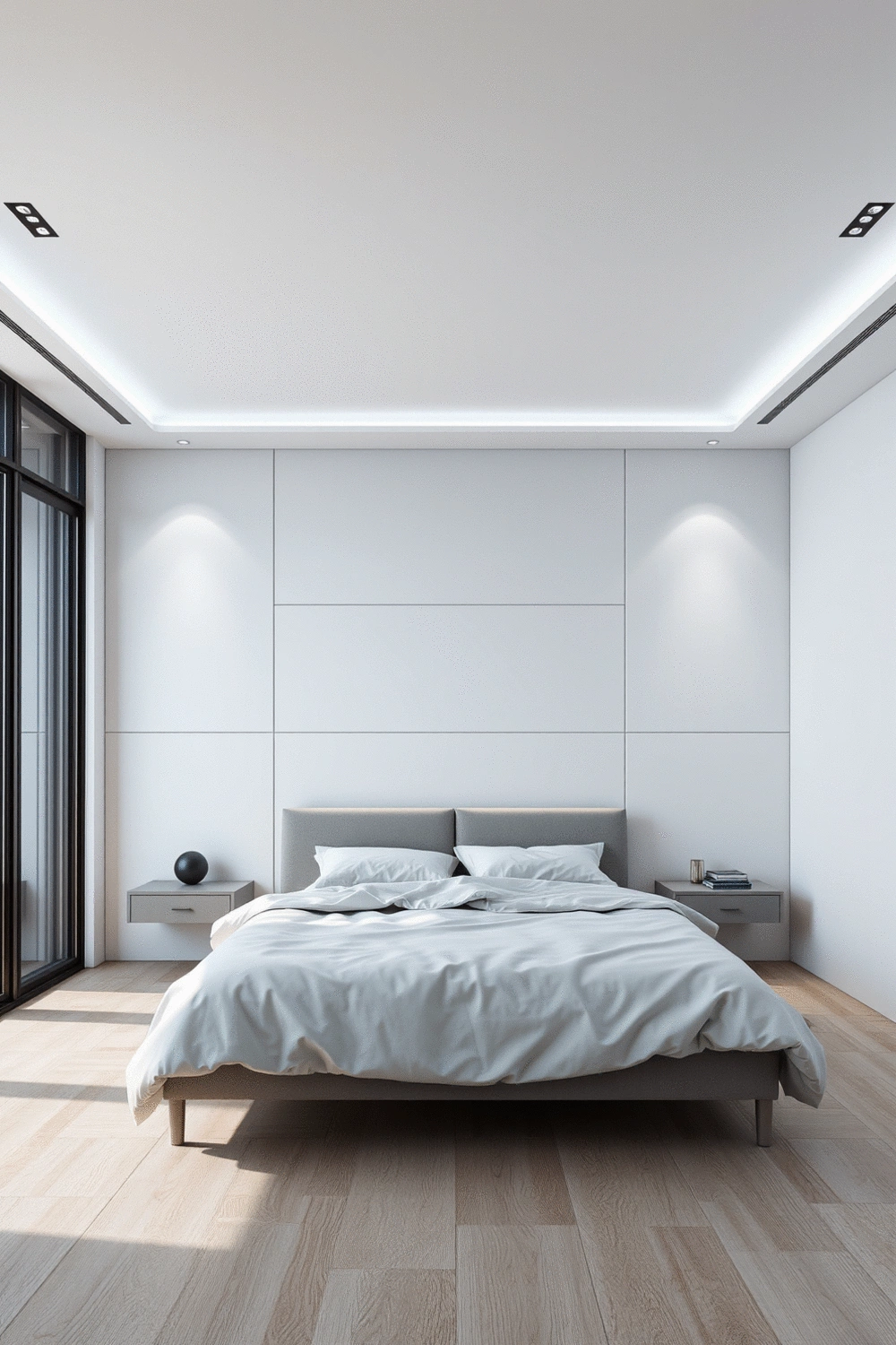 A sleek, modern bedroom interior with smart lighting and a comfortable bed, suggesting advanced sleep technology