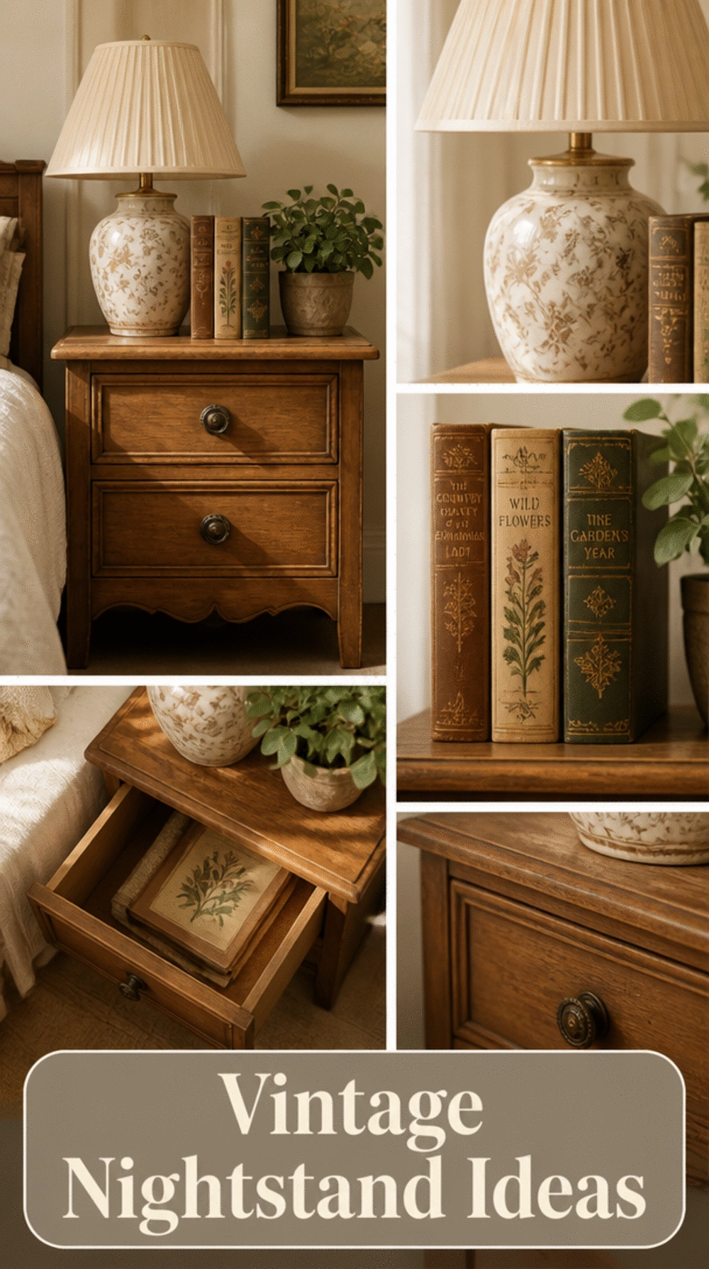 Bedroom Warm Wood Nightstand with a Vintage-Style Ceramic Lamp