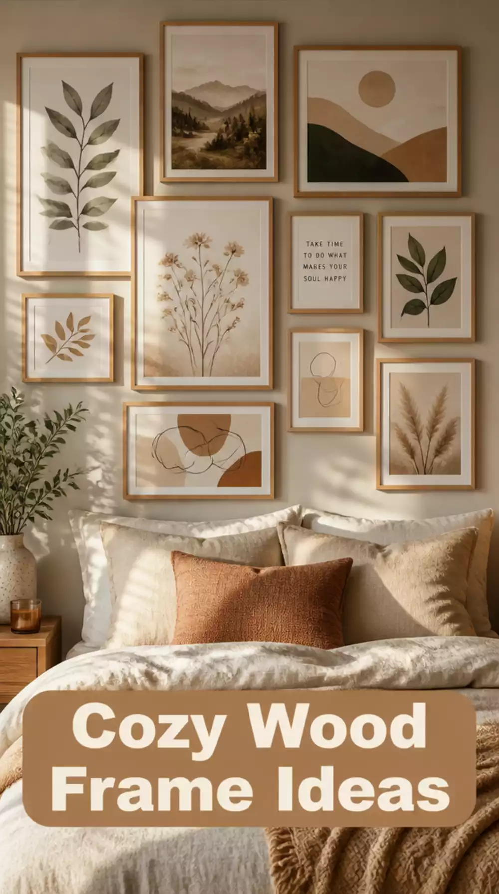 Bedroom Gallery Wall in Natural Wood Frames for a Warm Earthy Look