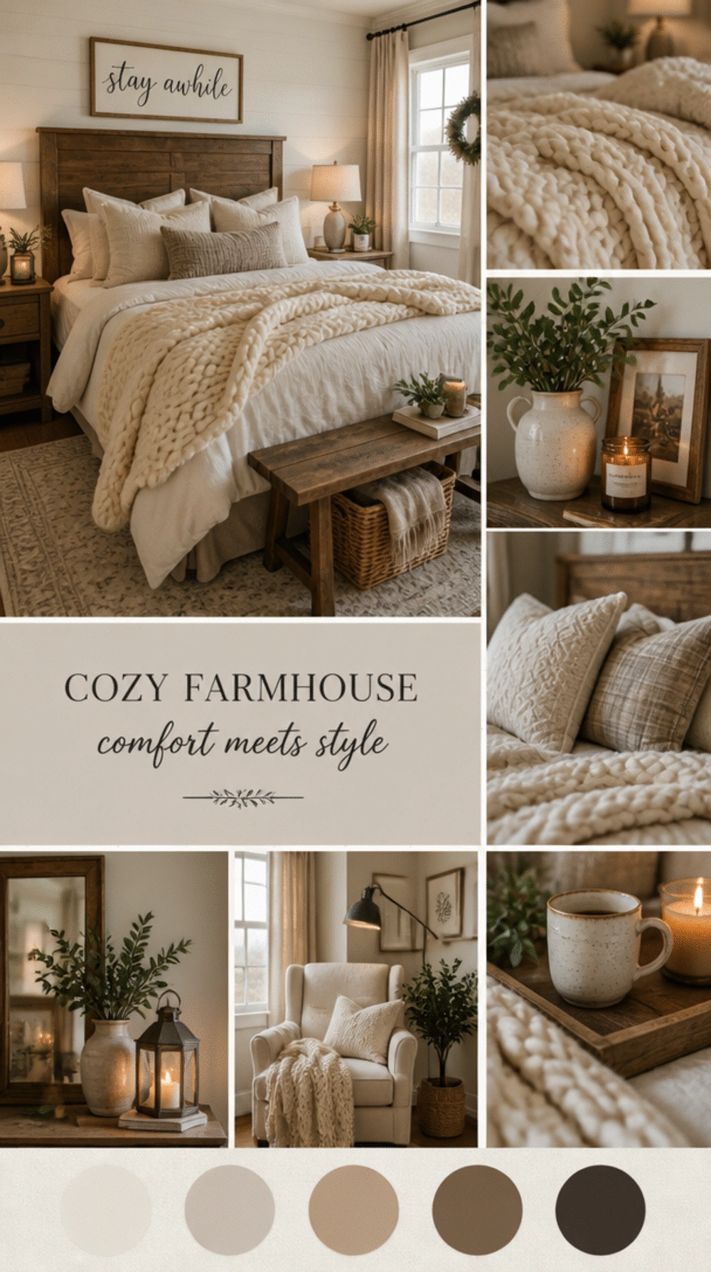 Farmhouse Bedroom Chunky Knit Throw in Natural Cream Draped Over the Bed