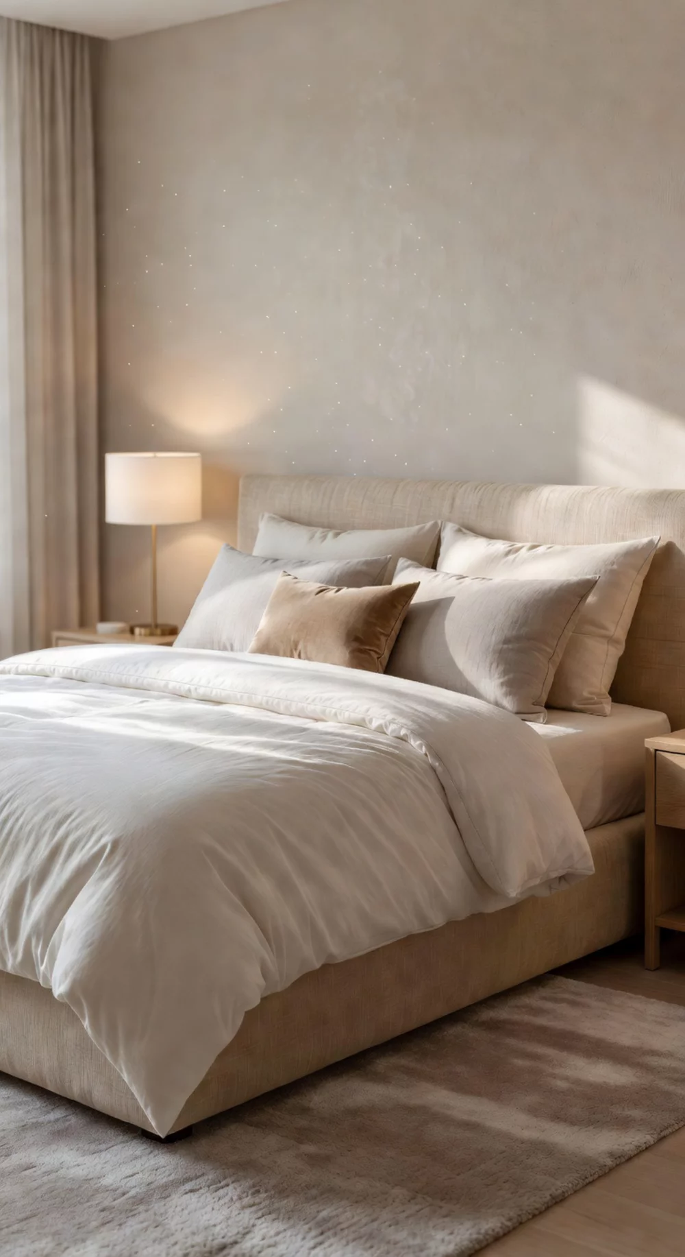 Bedroom Upholstered Bed Frame in Warm Linen That Anchors the Room