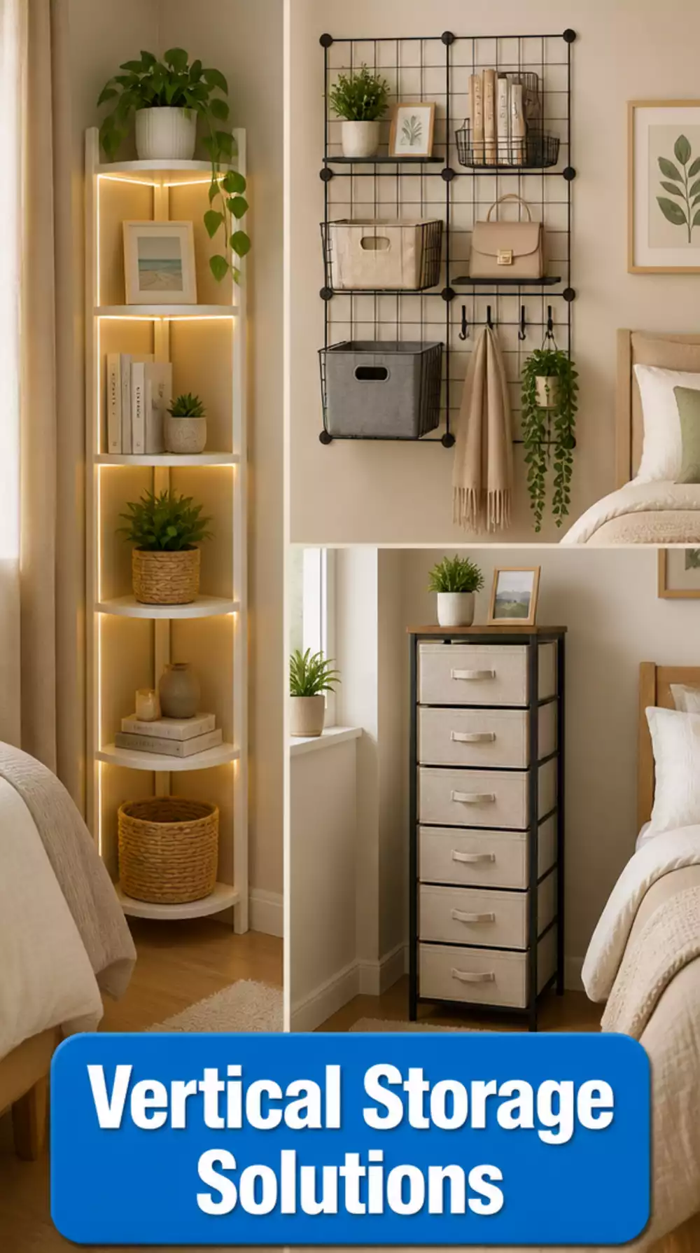 Bedroom Vertical Storage Tower That Uses Wall Height Instead of Floor